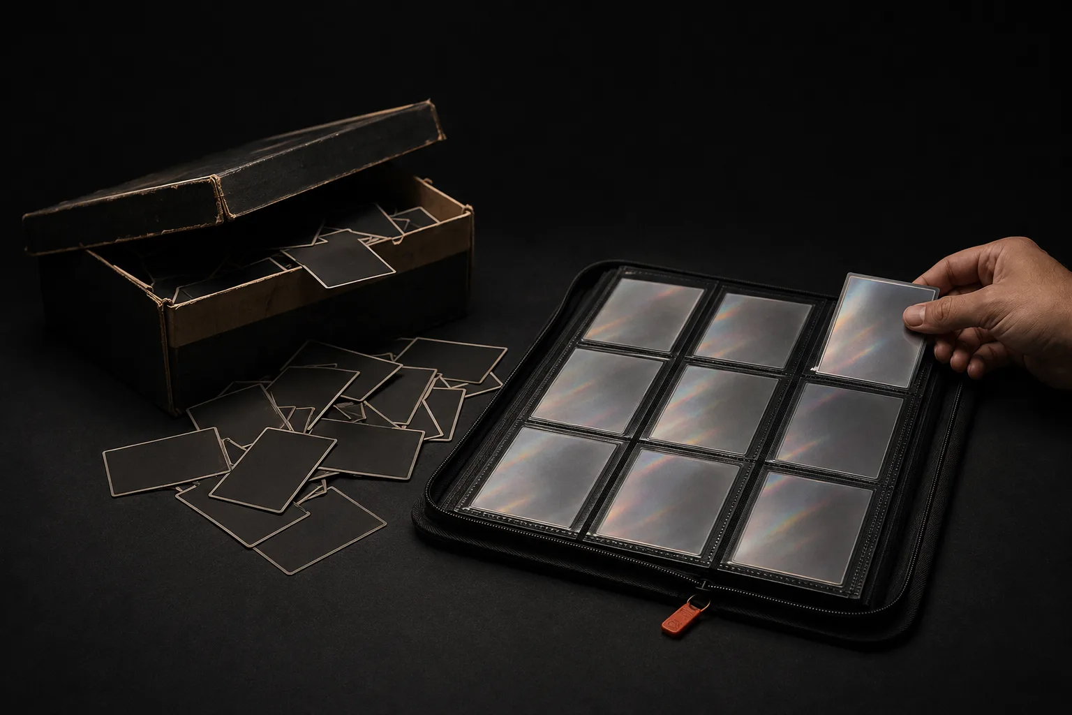 A battered shoebox spilling loose cards beside an open binder of sleeved cards, one being lifted from its pocket