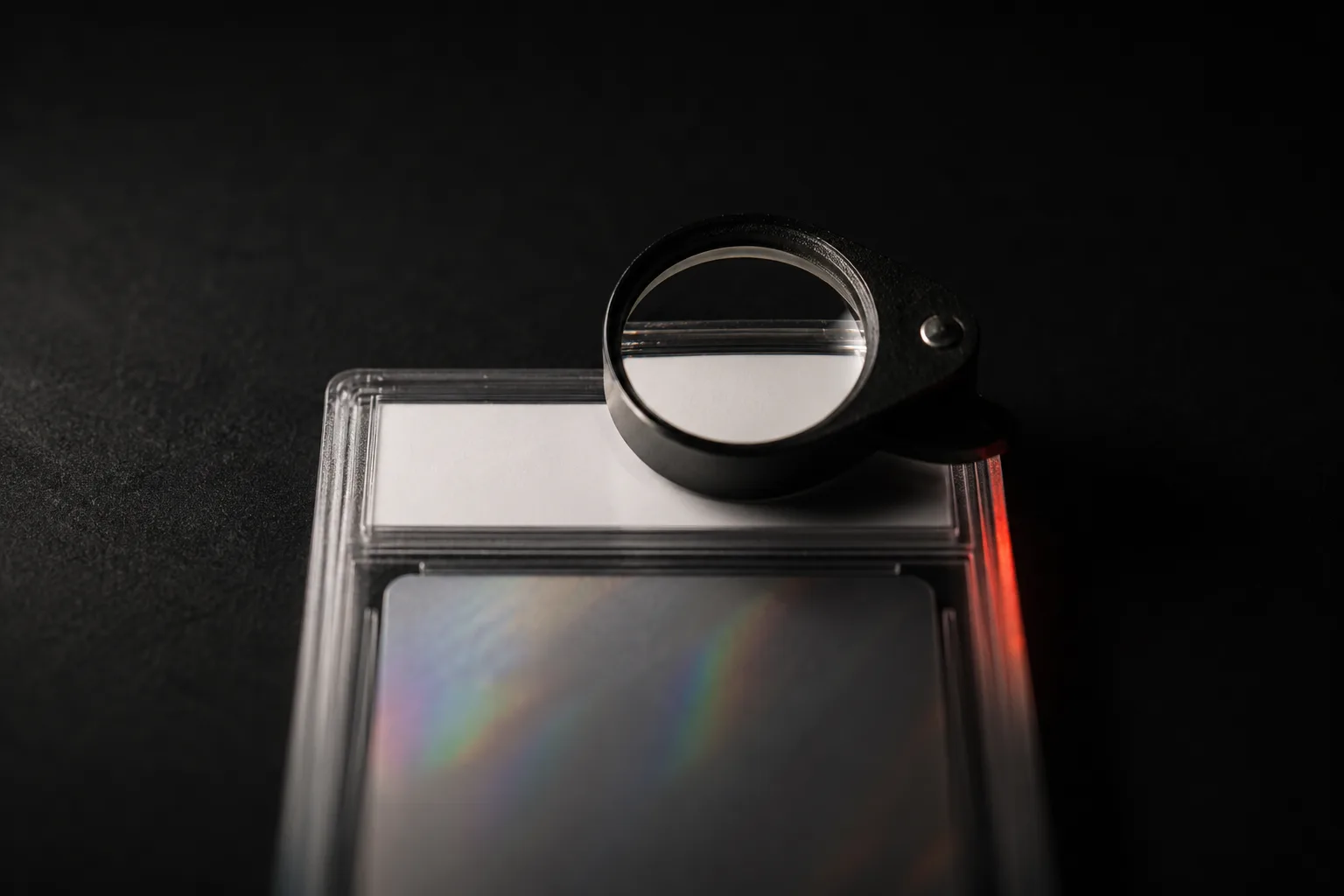 A jeweller’s loupe resting on the blank label of a graded card case