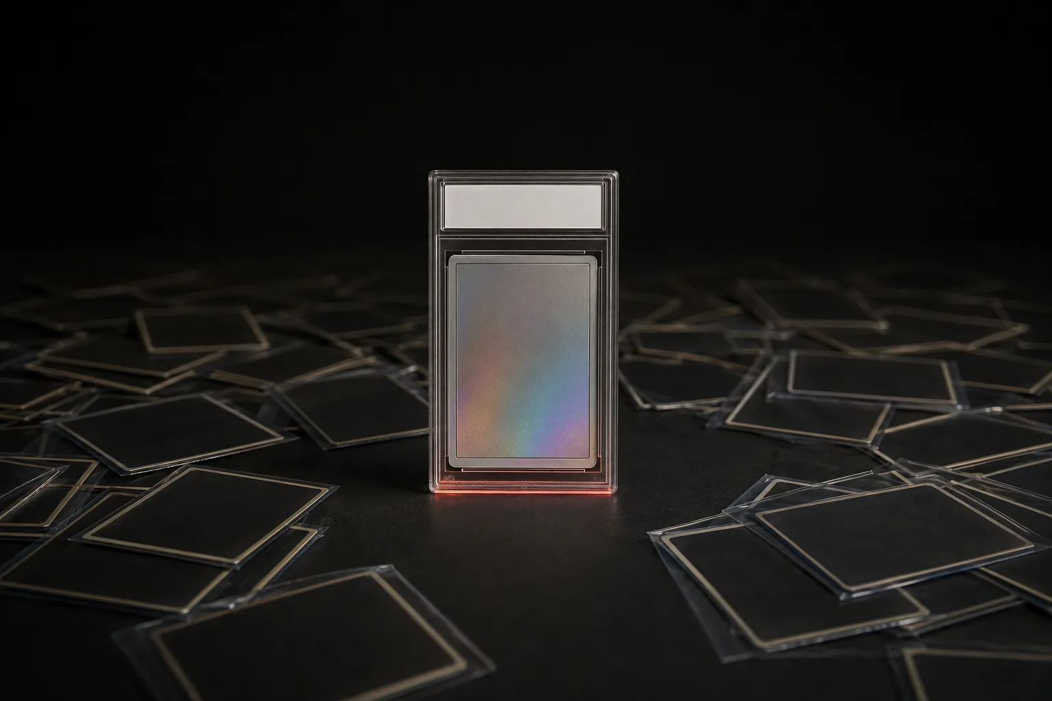 A single graded card standing upright in the light among dozens of sleeved cards lying face-down in shadow