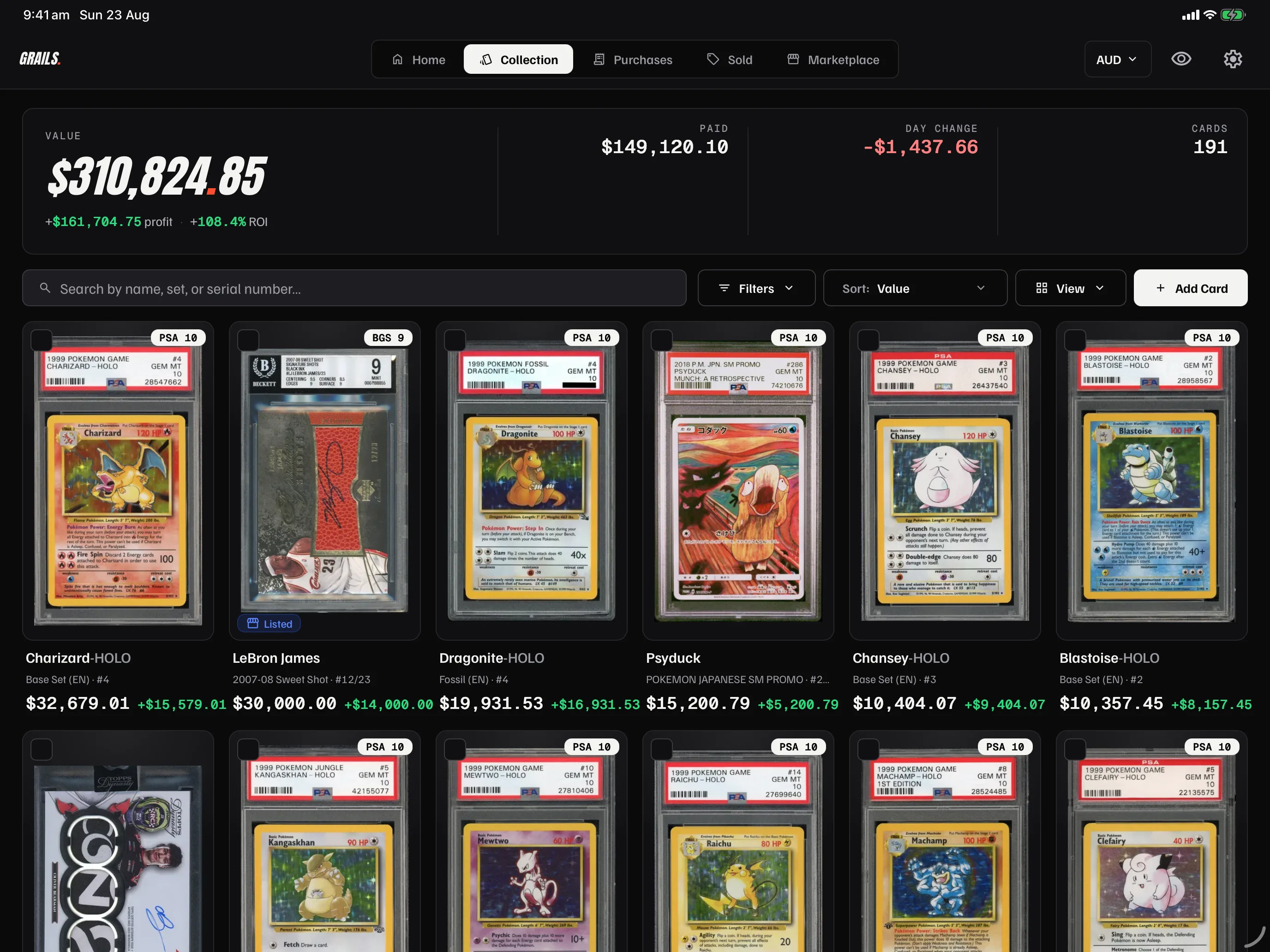 The Grails collection dashboard — Your whole collection, valued daily